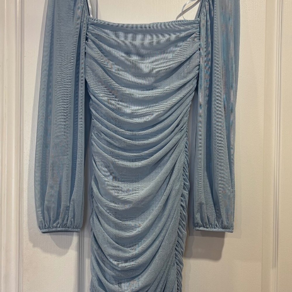 Light blue formal dress with mesh sleeves